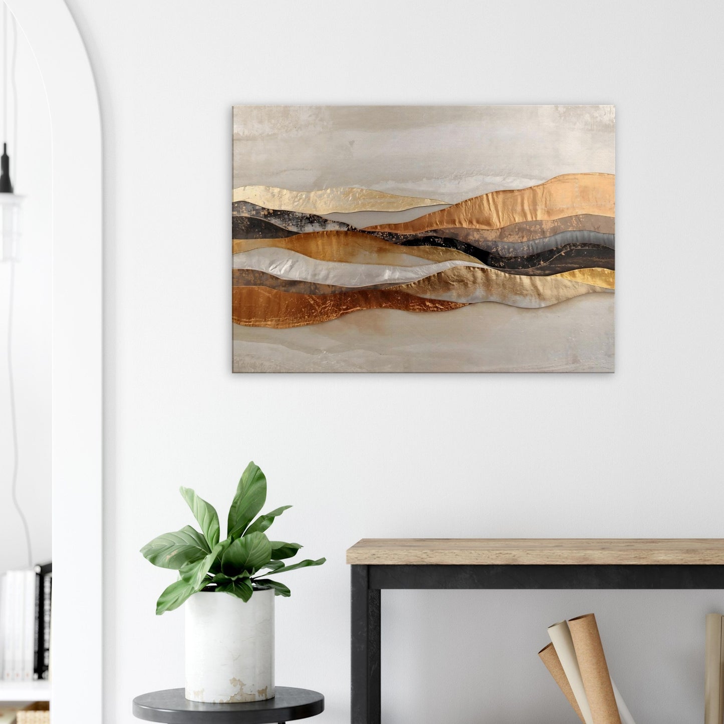Landscape canvas with horizontal muted bronze, cream, gold and taupe metallic layers forming modern abstract textures.