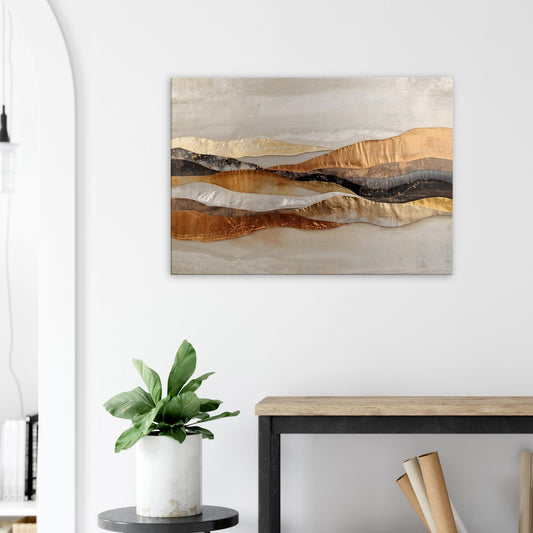 Landscape canvas with horizontal muted bronze, cream, gold and taupe metallic layers forming modern abstract textures.
