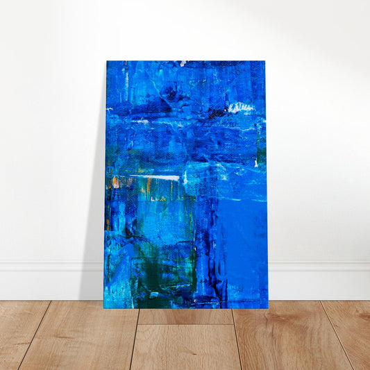 Abstract canvas with textured blue brushstrokes in varying tones, accented with gold and white highlights.