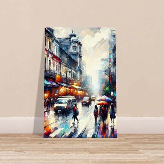 Impressionist-style city street canvas with colourful lights and figures on wet pavement