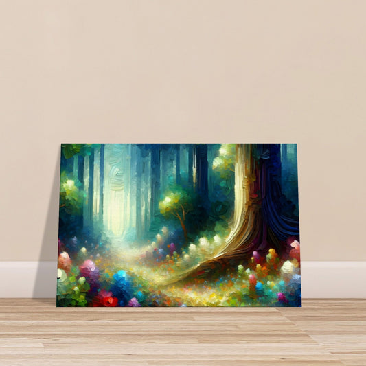 Expressive brushstroke forest with colorful flowers on the ground and sunlight glowing through a clearing.