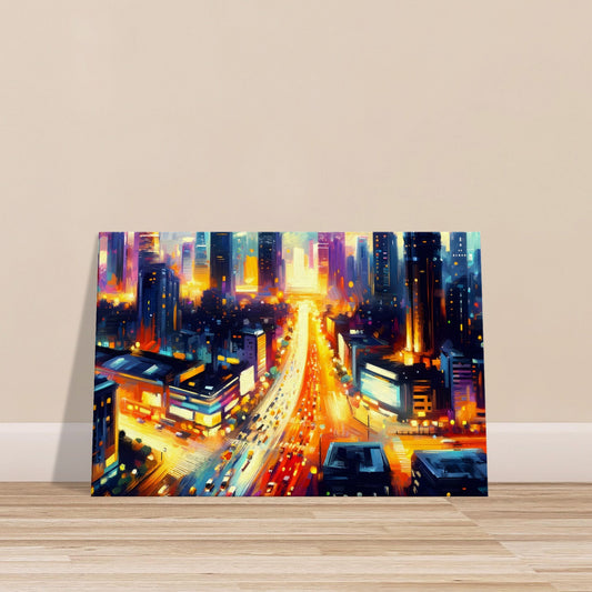 Brushed canvas artwork of a vibrant night cityscape with neon lights and motion effects