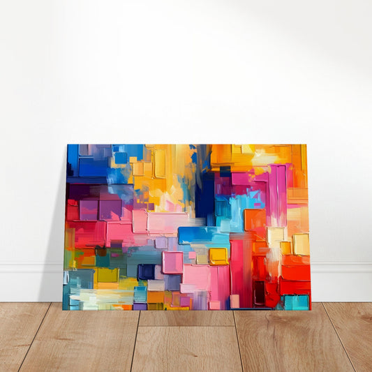 Abstract canvas with bold multicoloured brushstrokes forming a mosaic of warm and cool hues.