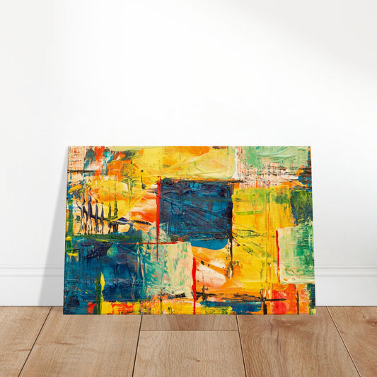 Abstract canvas featuring vivid brushstrokes forming overlapping squares in bold colours with rich, tactile texture.