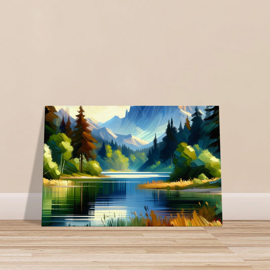 Lake with calm reflective waters, vibrant brushstroke foliage, textured sky, and distant mountains under soft daylight.