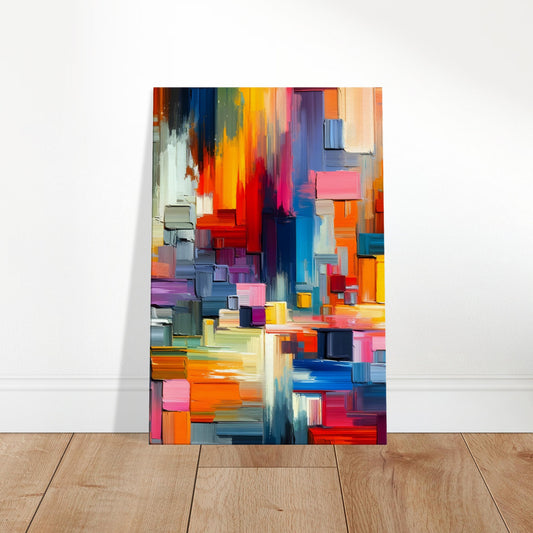 Abstract canvas with bold, textured brushstrokes in warm and cool colours creating depth and movement.