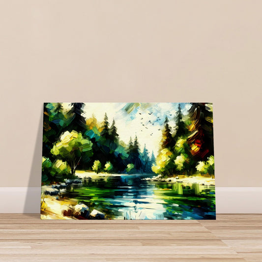 Colorful forest landscape with thick brushstrokes, a reflective water body, swirling sky, and birds flying overhead.