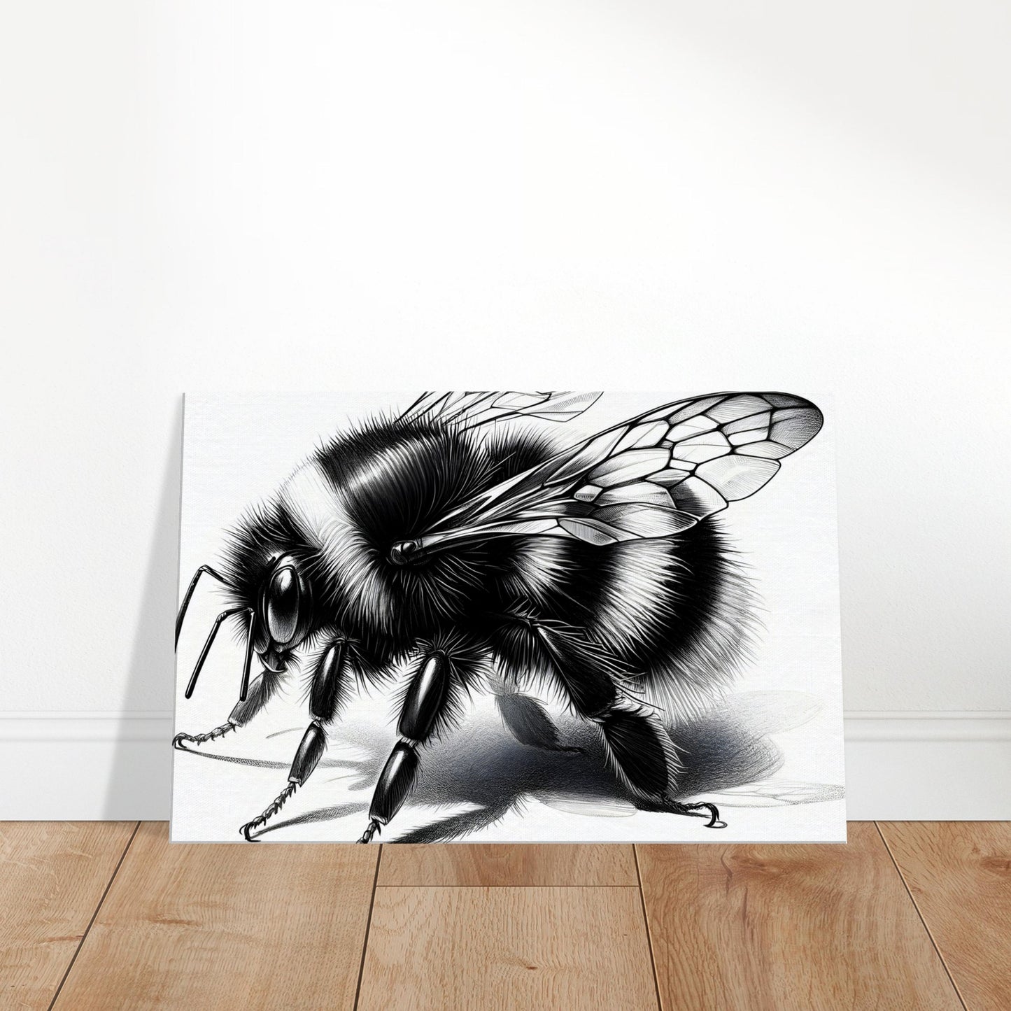 Detailed canvas artwork of a bumblebee with vibrant stripes and fuzzy texture flying among colorful flowers.
