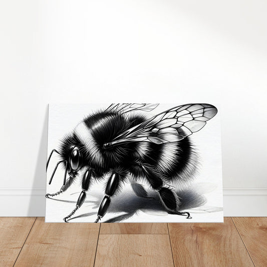 Detailed canvas artwork of a bumblebee with vibrant stripes and fuzzy texture flying among colorful flowers.