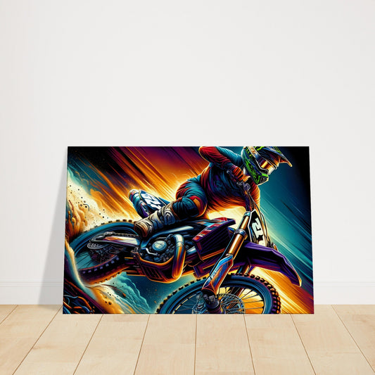 Motocross rider airborne on a dirt bike, mid-jump against a vivid backdrop, showcasing off-road action and motion.
