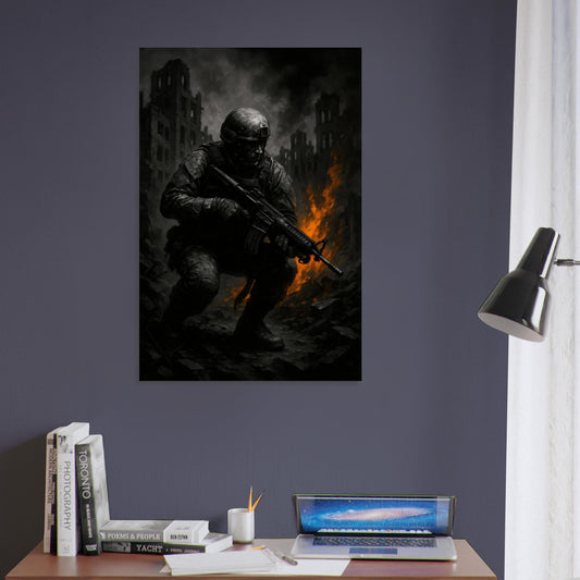 Gritty warzone artwork featuring a crouched soldier with a heavy weapon amid fiery urban ruins. Cinematic, high-impact print from the Warfare Division collection.