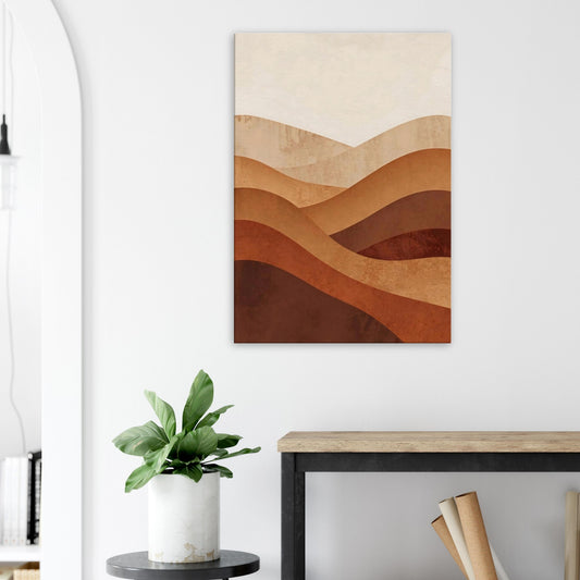 Portrait canvas with vertical burnt terracotta, clay, and sienna layered forms.