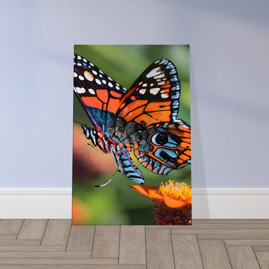 High-resolution wall art of a butterfly perched on a flower with vivid orange wings and a soft background.
