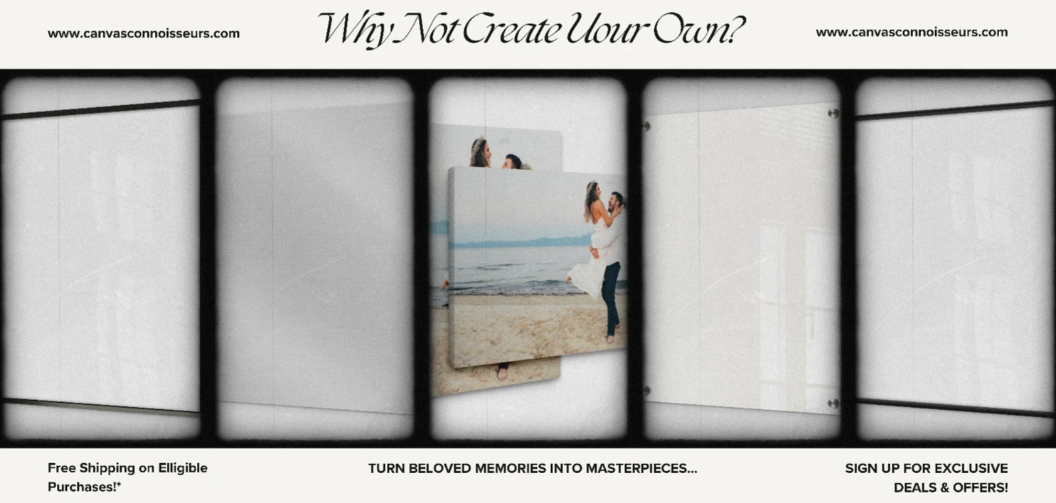 Advertisement for Canvas Connoisseurs with a photo of a couple on a beach and text about creating masterpieces.