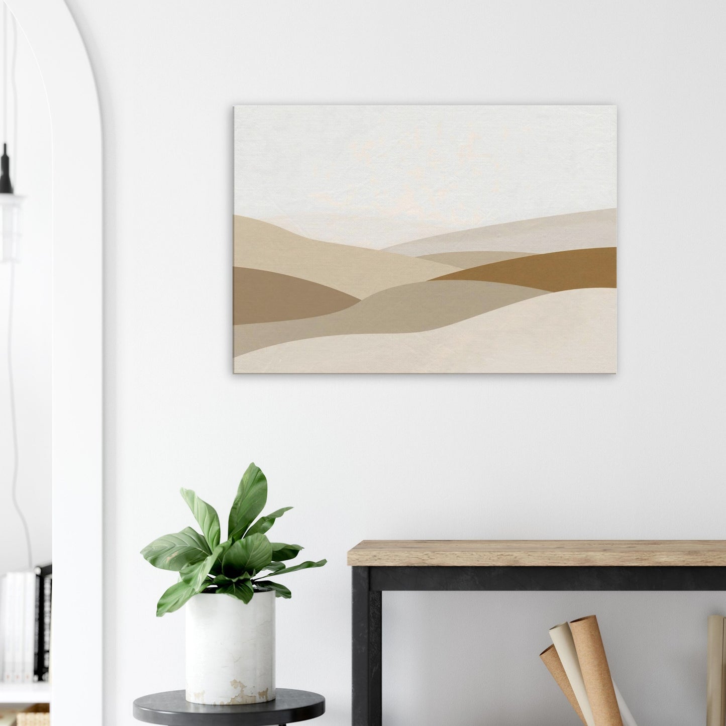Minimalist landscape canvas with warm sand and stone horizontal lines across a neutral background.