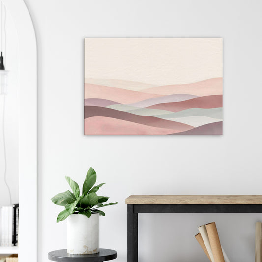 Landscape canvas with horizontal muted mint, cream, and soft blush layers evoking pastel calm.