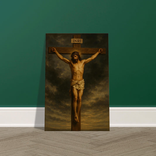 Jesus Christ on the cross wearing crown of thorns beneath dramatic stormy sky, 2:3 portrait, displayed on premium canvas wall art print.