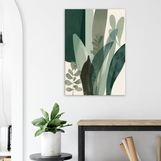 Misted botanical canvas artwork with sage and mint leaf silhouettes layered in soft atmospheric tones.
