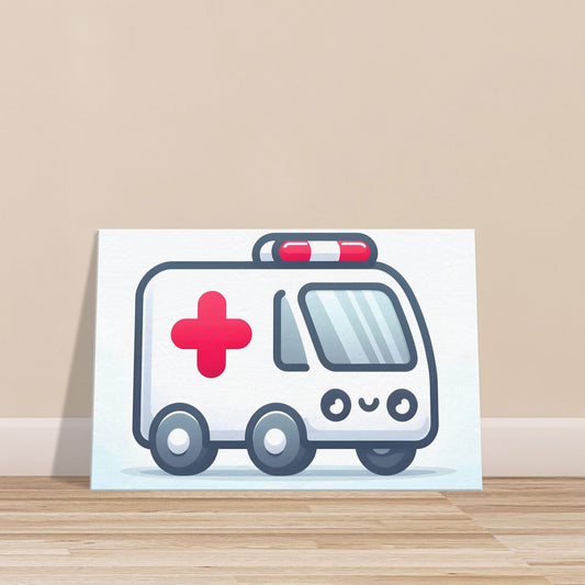 Cartoon-style white ambulance with red crosses and large eyes on a light gray to white gradient background.