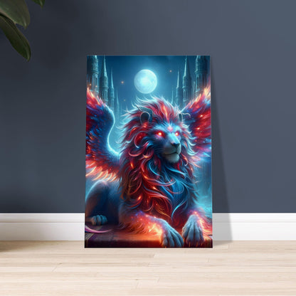 Artwork of a Griffin with glowing red eyes and red-blue feathers, standing before a moonlit ancient castle.