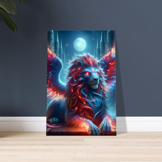 Artwork of a Griffin with glowing red eyes and red-blue feathers, standing before a moonlit ancient castle.