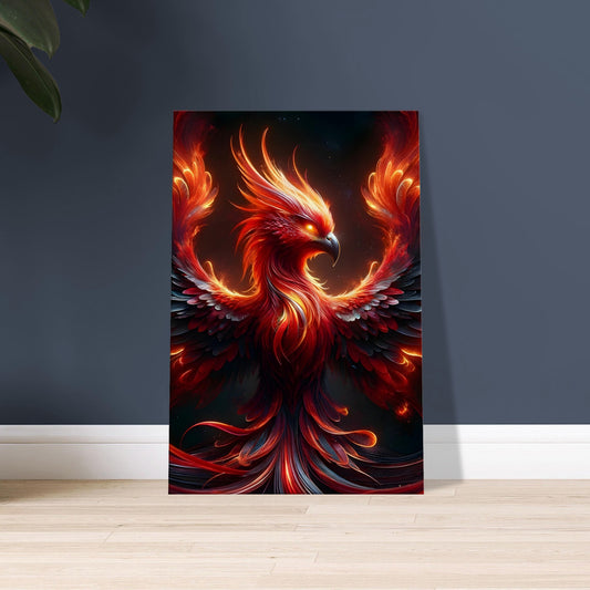 Mythical artwork of a fiery Phoenix with glowing eyes and outstretched wings against a starry cosmic background.