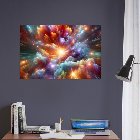 Metal poster depicting two planets colliding with glowing debris against a vivid nebula background.