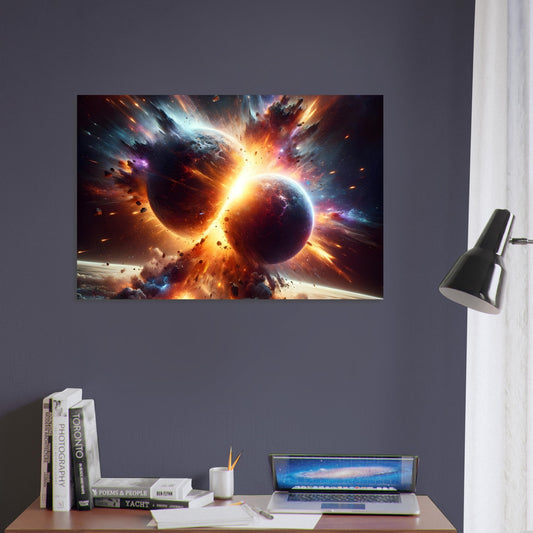 Metal poster depicting two planets colliding with bright, glowing debris and radiant fragments against a dark cosmic background.