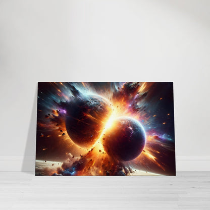 Two colorful planets collide in a dramatic explosion with glowing debris against a dark cosmic background.