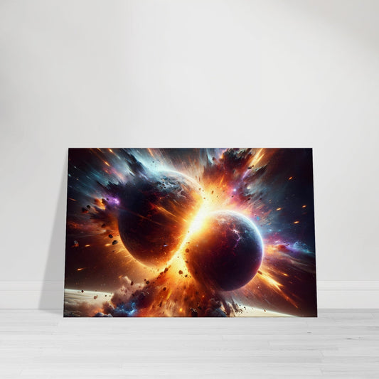 Two colorful planets collide in a dramatic explosion with glowing debris against a dark cosmic background.