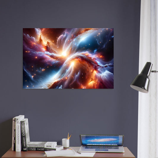 Metal poster illustrating two galaxies colliding with vibrant stars and swirling gas clouds in a dynamic cosmic clash.
