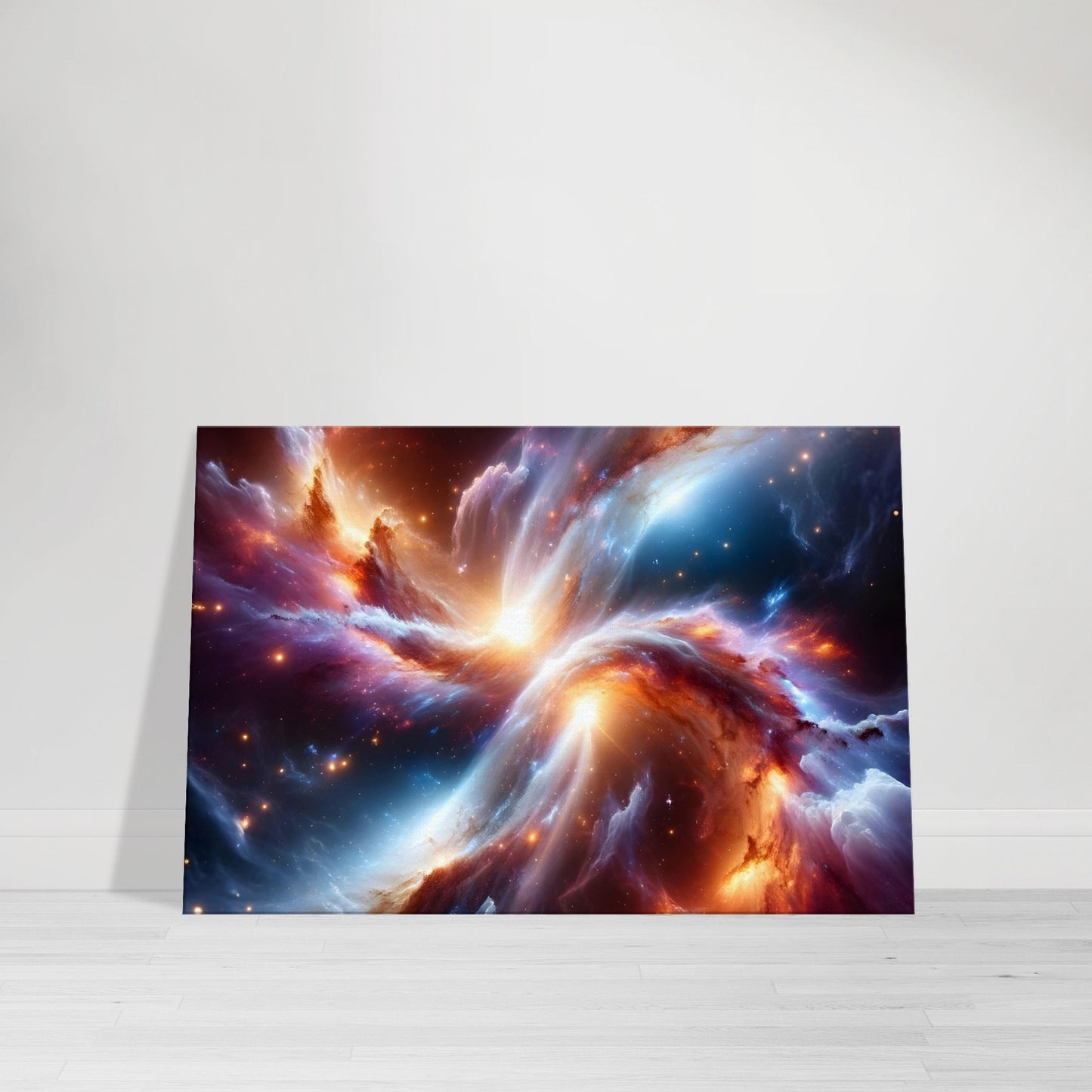 Canvas wall art depicting a galactic collision with stars, gas clouds, and vibrant cosmic colors.