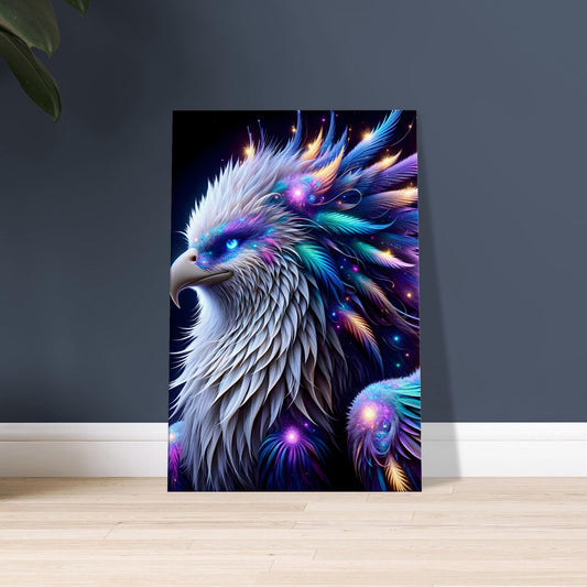 Artwork of a gryphon with glowing star-like eyes and fur and feathers in vibrant cosmic colors against a starry night sky.
