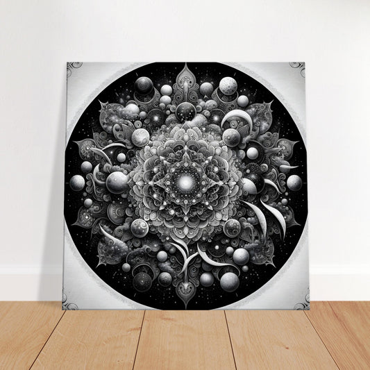 Grayscale mandala artwork featuring stars, moons, and cosmic swirls in intricate symmetry, blending celestial themes with elegant design.