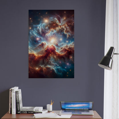 Ultra-realistic metal poster of the cosmos with vibrant nebulae, star clusters, and radiant supernova.