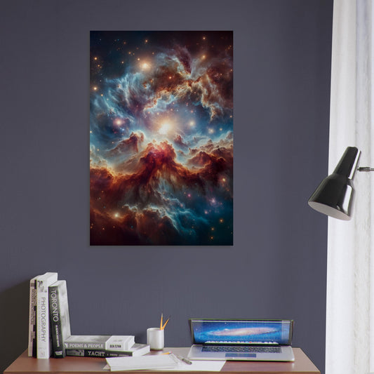 Ultra-realistic metal poster of the cosmos with vibrant nebulae, star clusters, and radiant supernova.
