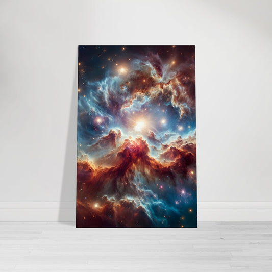 Canvas artwork depicting a vivid view of deep space with nebulae, star clusters, and glowing supernovae in vibrant detail.