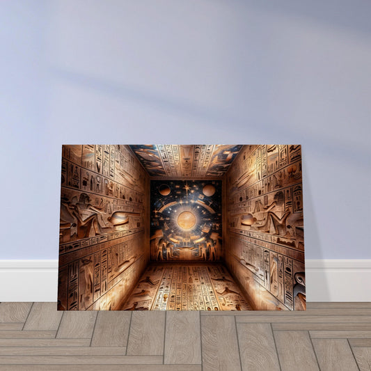 Ancient Egyptian tomb ceiling with hieroglyphs, stars, and a sun boat depicting the spiritual journey to the afterlife.