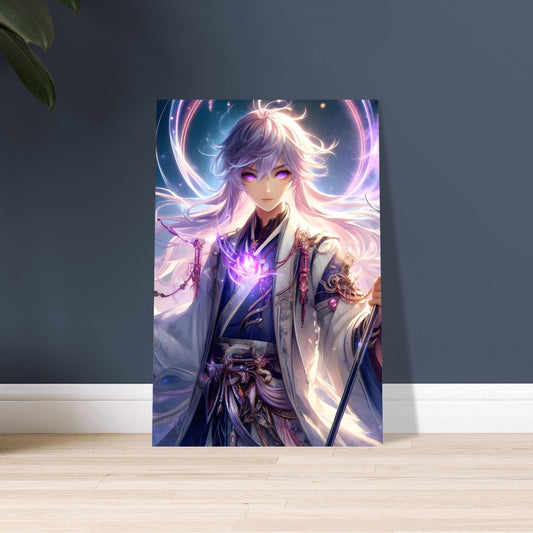 Mystical figure with silver-pink hair and glowing violet eyes in glowing robes, holding a magical staff in an enchanted twilight forest.