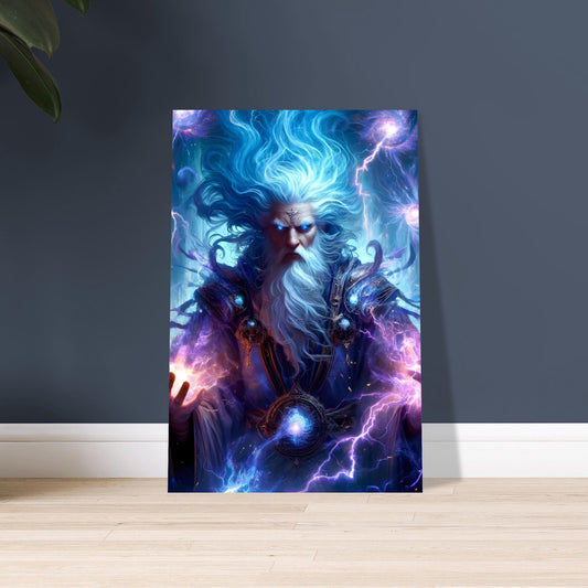 Celestial anime elder with glowing hair and staff, surrounded by cosmic elements and lightning, in a vivid metal wall art piece.