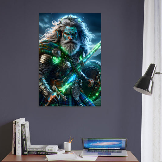 A Celtic warrior in chainmail and plaid kilt with glowing green and blue war paint stands in a misty highland landscape at dawn.