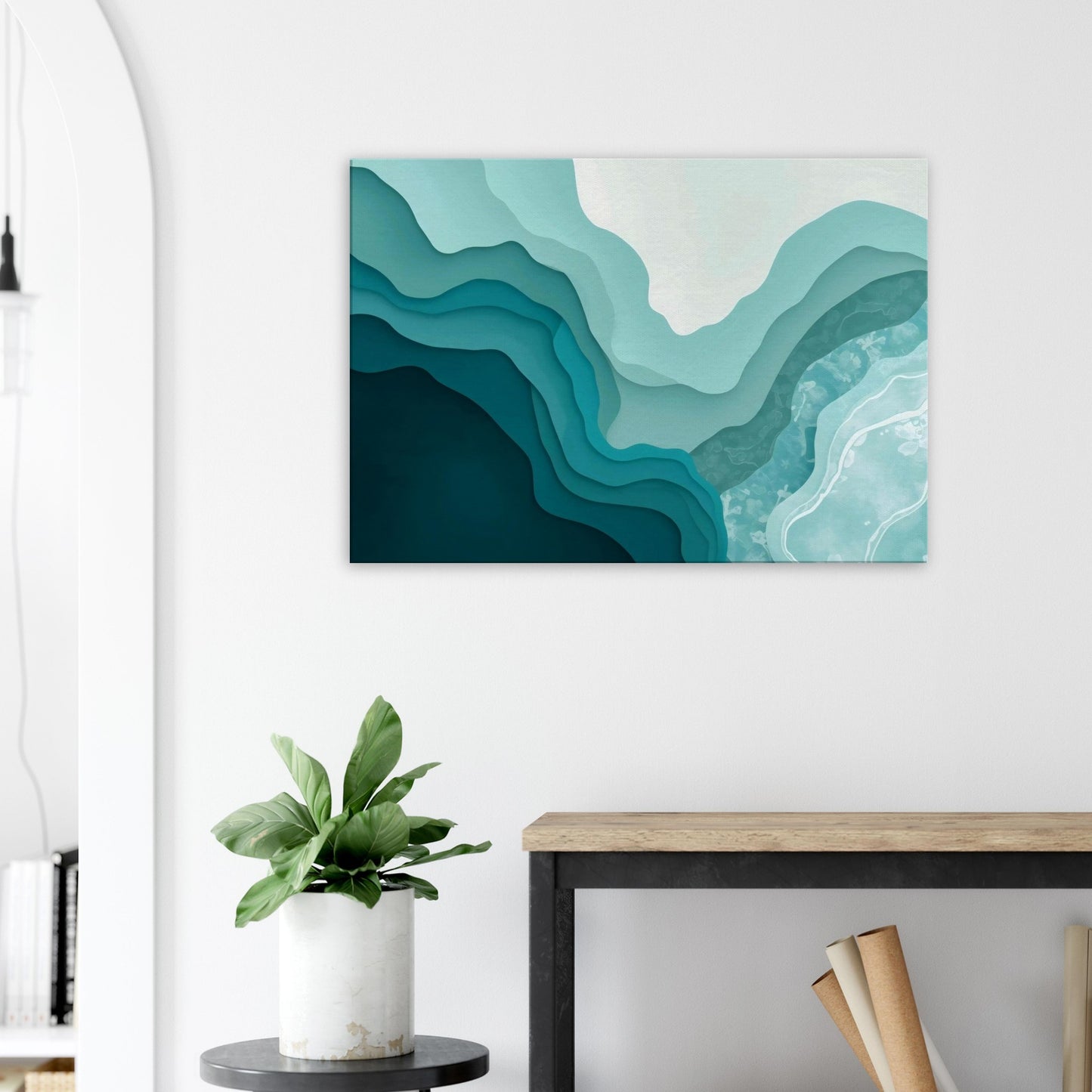 Landscape canvas with horizontal abstract layers of cerulean, deep teal, and soft aqua forming ocean-inspired textures.