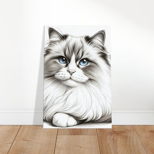 Detailed pencil sketch of a Ragdoll cat with long fur and vivid blue eyes, expressing calm and gentle character.