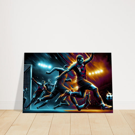 Canvas print of football players chasing the ball with dynamic motion and vivid colors under stadium lights.