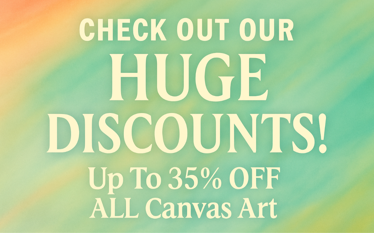 Promotional text for huge discounts on canvas art with a colorful gradient background.