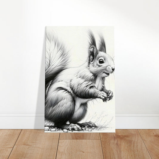 Canvas print of a detailed pencil sketch featuring a playful squirrel on a tree branch.