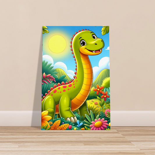 Cartoon-style smiling Brachiosaurus surrounded by colorful plants and a sunny prehistoric jungle background.