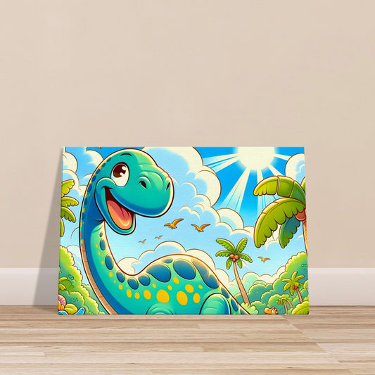 Cartoon-style Diplodocus with long neck reaching toward clouds in a colorful prehistoric landscape with plants and small dinosaurs.