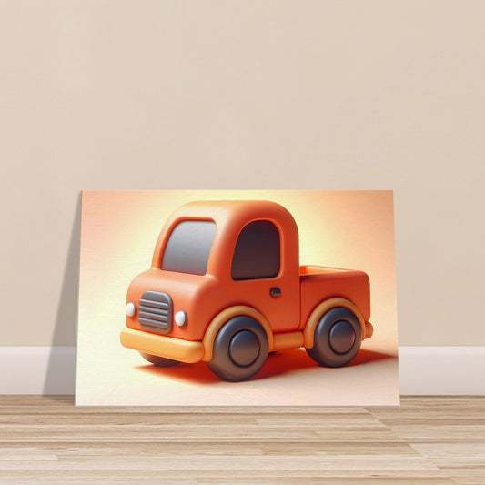 Cartoon-style bright orange truck with large eyes on a light orange to white gradient background.