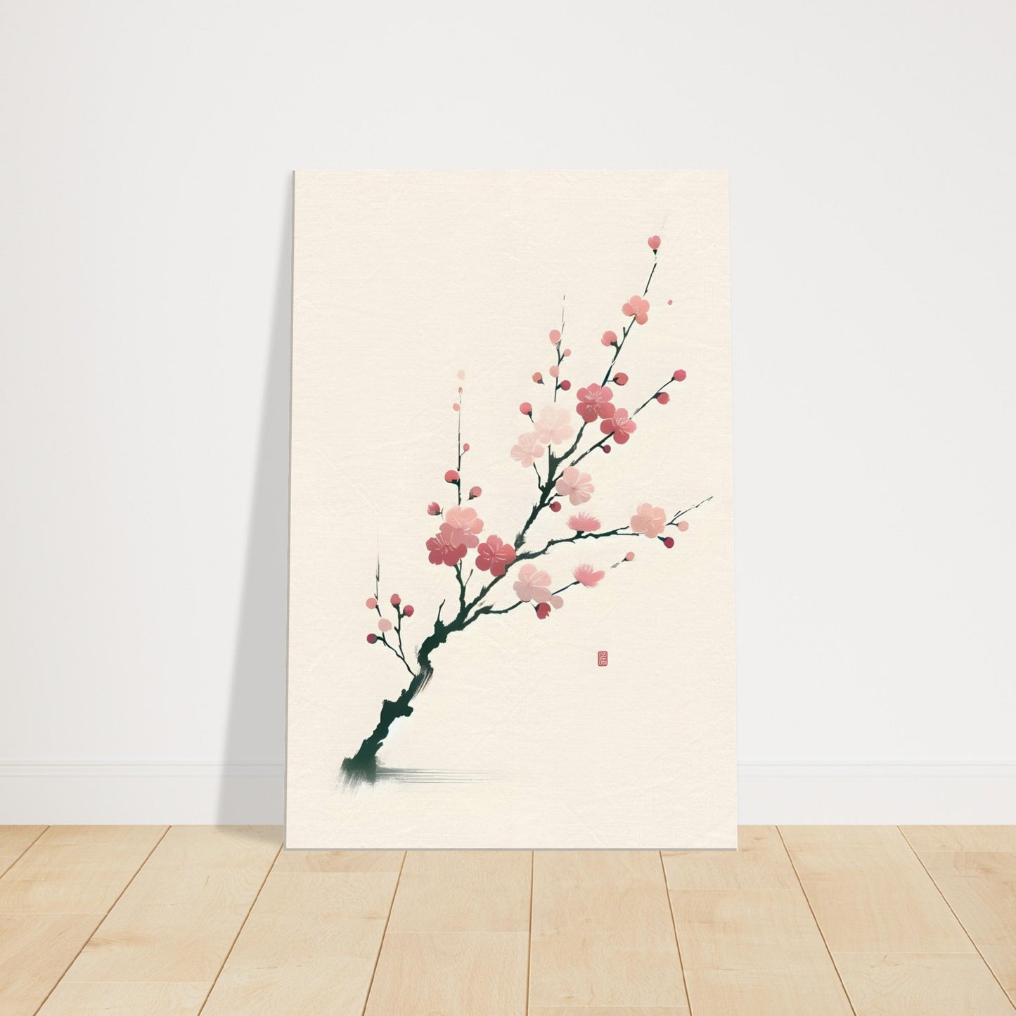 Minimalist art of a single cherry blossom branch with pink flowers and soft green leaves on a plain background.